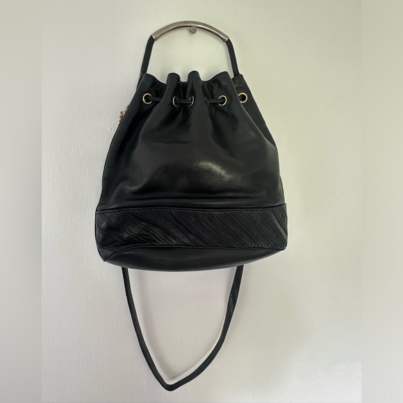 Vintage ITALIAN SISO Black Leather Bucket Bag Purse - Picture 6 of 10